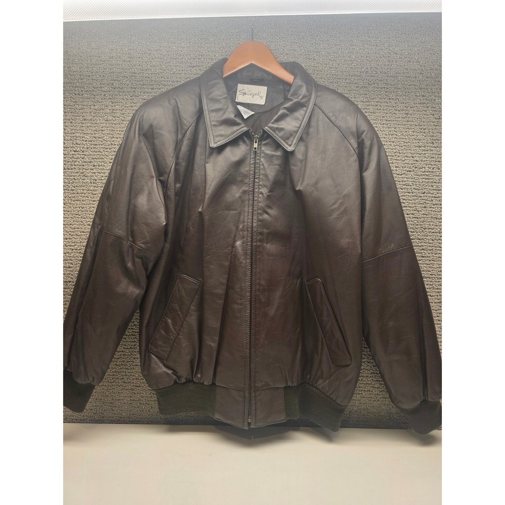Spiegel Mens Vintage Brown Genuine Leather Bomber‎ Jacket Coat Size L Zip Up